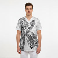 Aotearoa Moko Tribal Tattoo Scrub Top New Zealand Maori Penguin and Fantail White Color LT03 - Polynesian Pride