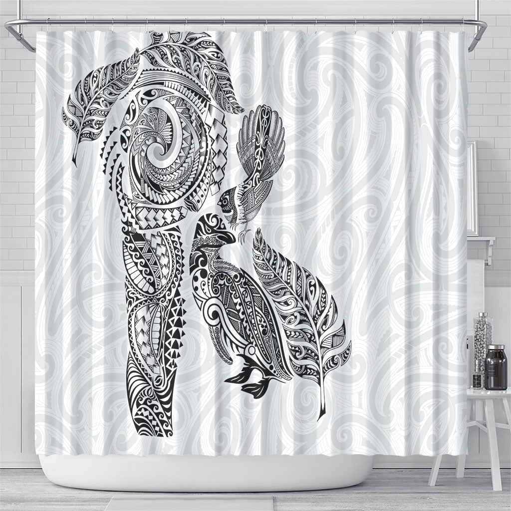 Aotearoa Moko Tribal Tattoo Shower Curtain New Zealand Maori Penguin and Fantail White Color LT03 - Polynesian Pride