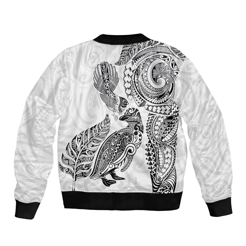 Aotearoa Moko Tribal Tattoo Sleeve Zip Bomber Jacket New Zealand Maori Penguin and Fantail White Color LT03 - Polynesian Pride