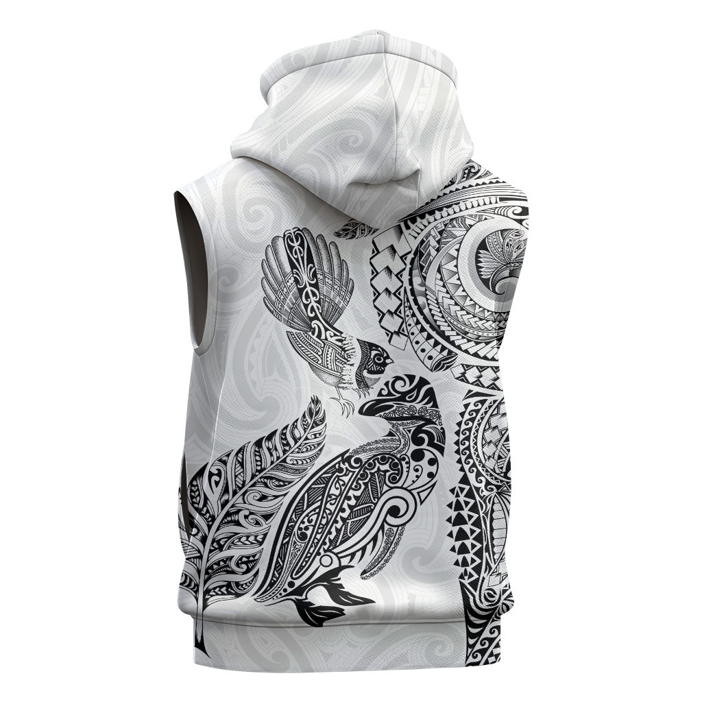 Aotearoa Moko Tribal Tattoo Sleeveless Hoodie New Zealand Maori Penguin and Fantail White Color LT03 - Polynesian Pride