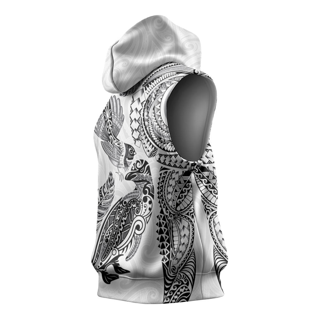 Aotearoa Moko Tribal Tattoo Sleeveless Hoodie New Zealand Maori Penguin and Fantail White Color LT03 - Polynesian Pride