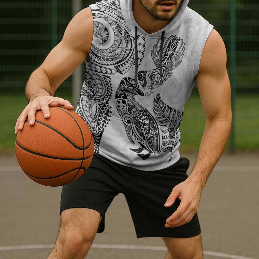 Aotearoa Moko Tribal Tattoo Sleeveless Hoodie New Zealand Maori Penguin and Fantail White Color LT03 - Polynesian Pride