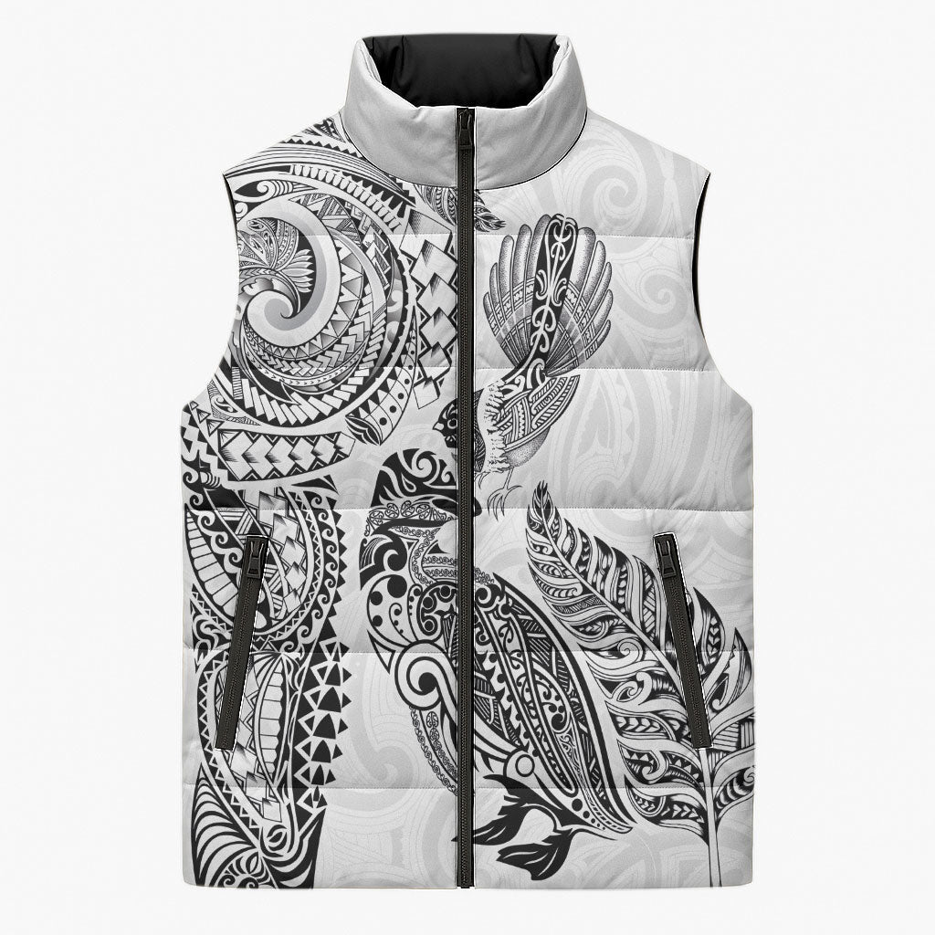 Aotearoa Moko Tribal Tattoo Sleeveless Puffer Jacket New Zealand Maori Penguin and Fantail White Color LT03 Unisex White - Polynesian Pride