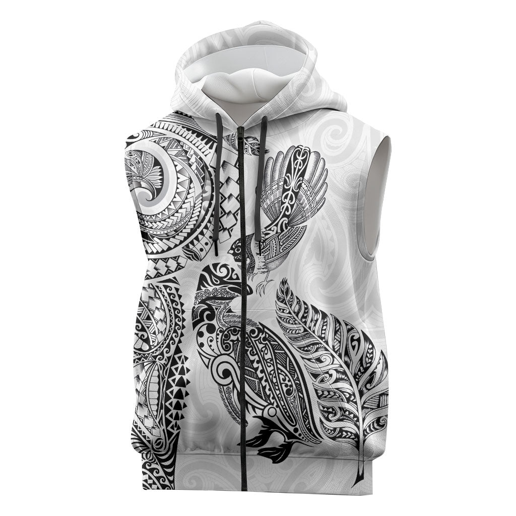 Aotearoa Moko Tribal Tattoo Sleeveless Zip Hoodie New Zealand Maori Penguin and Fantail White Color LT03 White - Polynesian Pride
