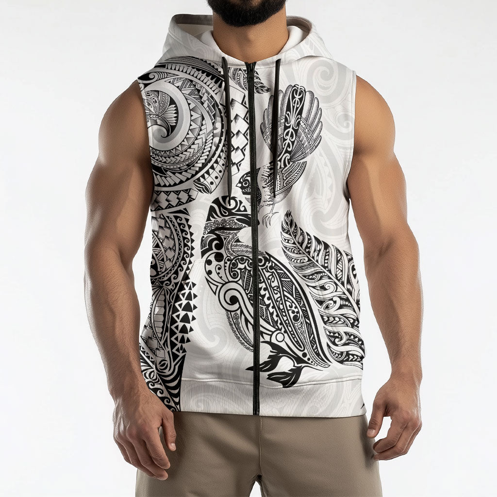 Aotearoa Moko Tribal Tattoo Sleeveless Zip Hoodie New Zealand Maori Penguin and Fantail White Color LT03 - Polynesian Pride
