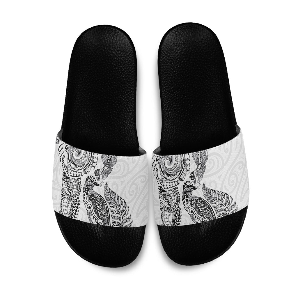 Aotearoa Moko Tribal Tattoo Slide Sandals New Zealand Maori Penguin and Fantail White Color LT03 White - Polynesian Pride