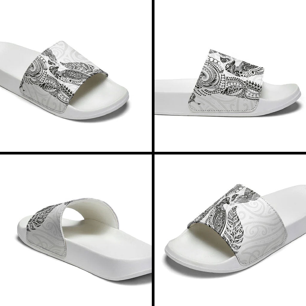 Aotearoa Moko Tribal Tattoo Slide Sandals New Zealand Maori Penguin and Fantail White Color LT03 - Polynesian Pride