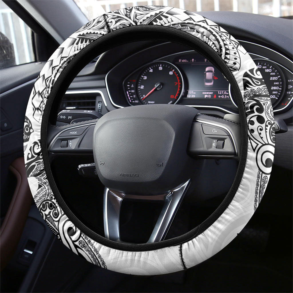 Aotearoa Moko Tribal Tattoo Steering Wheel Cover New Zealand Maori Penguin and Fantail White Color LT03 - Polynesian Pride