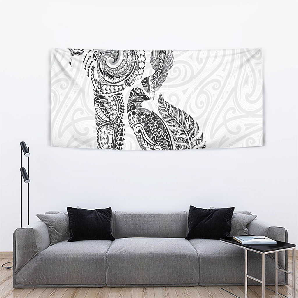 Aotearoa Moko Tribal Tattoo Tapestry New Zealand Maori Penguin and Fantail White Color LT03 - Polynesian Pride