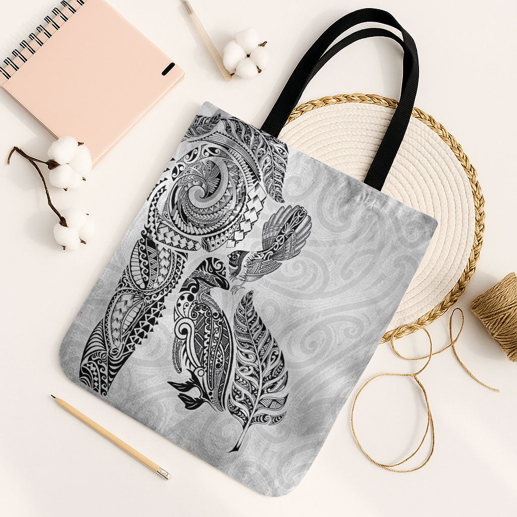 Aotearoa Moko Tribal Tattoo Tote Bag New Zealand Maori Penguin and Fantail White Color