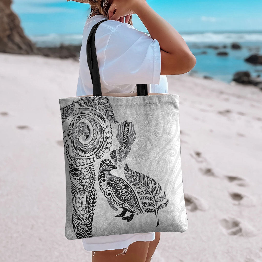 Aotearoa Moko Tribal Tattoo Tote Bag New Zealand Maori Penguin and Fantail White Color LT03 - Polynesian Pride