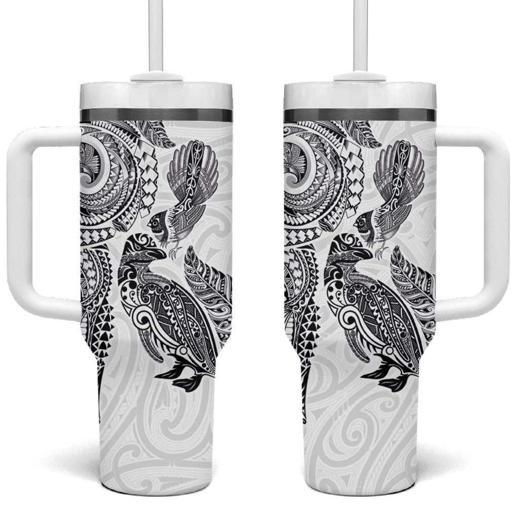 Aotearoa Moko Tribal Tattoo Tumbler With Handle New Zealand Maori Penguin and Fantail White Color