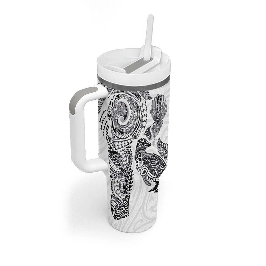 Aotearoa Moko Tribal Tattoo Tumbler With Handle New Zealand Maori Penguin and Fantail White Color LT03 - Polynesian Pride