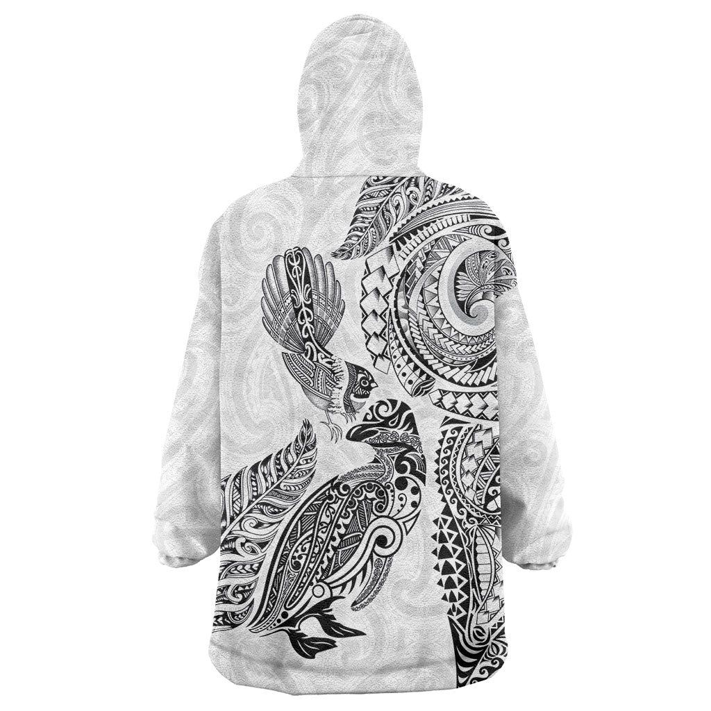 Aotearoa Moko Tribal Tattoo Wearable Blanket Hoodie New Zealand Maori Penguin and Fantail White Color LT03 - Polynesian Pride
