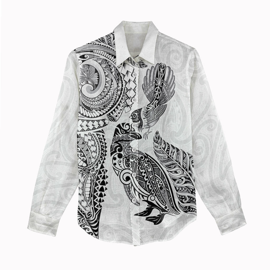 Aotearoa Moko Tribal Tattoo Women Casual Shirt New Zealand Maori Penguin and Fantail White Color LT03 - Polynesian Pride