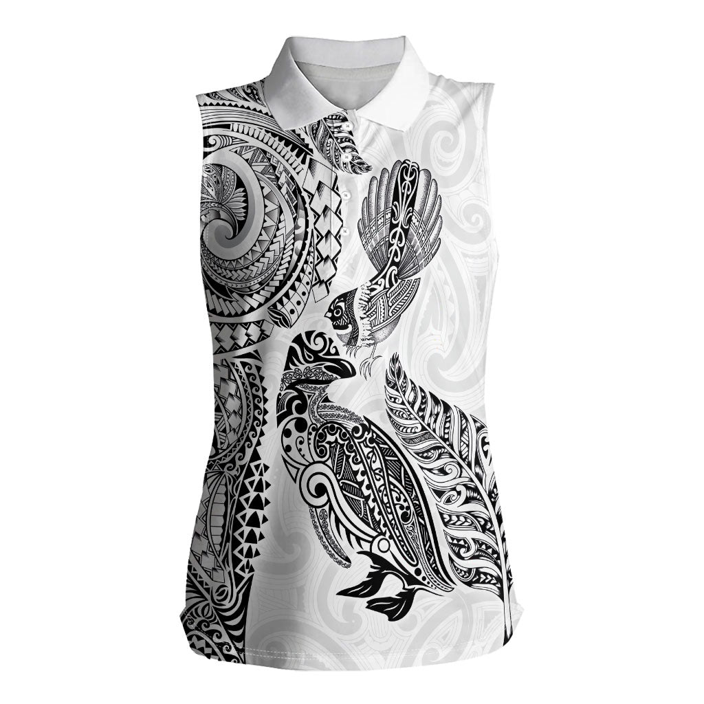 Aotearoa Moko Tribal Tattoo Women Sleeveless Polo Shirt New Zealand Maori Penguin and Fantail White Color LT03 Female White - Polynesian Pride