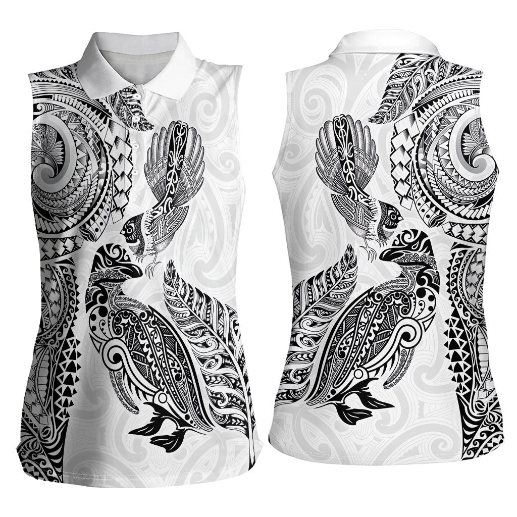 Aotearoa Moko Tribal Tattoo Women Sleeveless Polo Shirt New Zealand Maori Penguin and Fantail White Color LT03 - Polynesian Pride