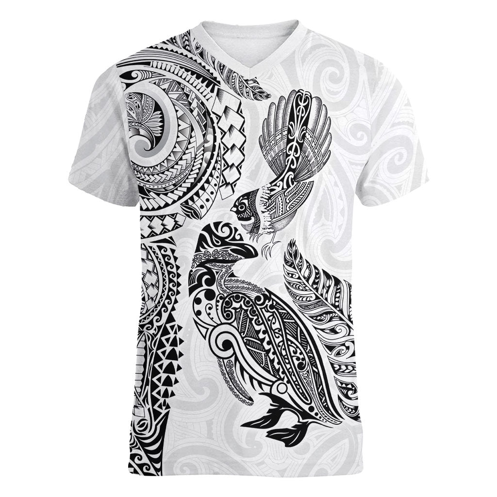 Aotearoa Moko Tribal Tattoo Women V-Neck T-Shirt New Zealand Maori Penguin and Fantail White Color