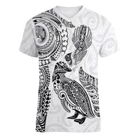 Aotearoa Moko Tribal Tattoo Women V-Neck T-Shirt New Zealand Maori Penguin and Fantail White Color LT03 Female White - Polynesian Pride
