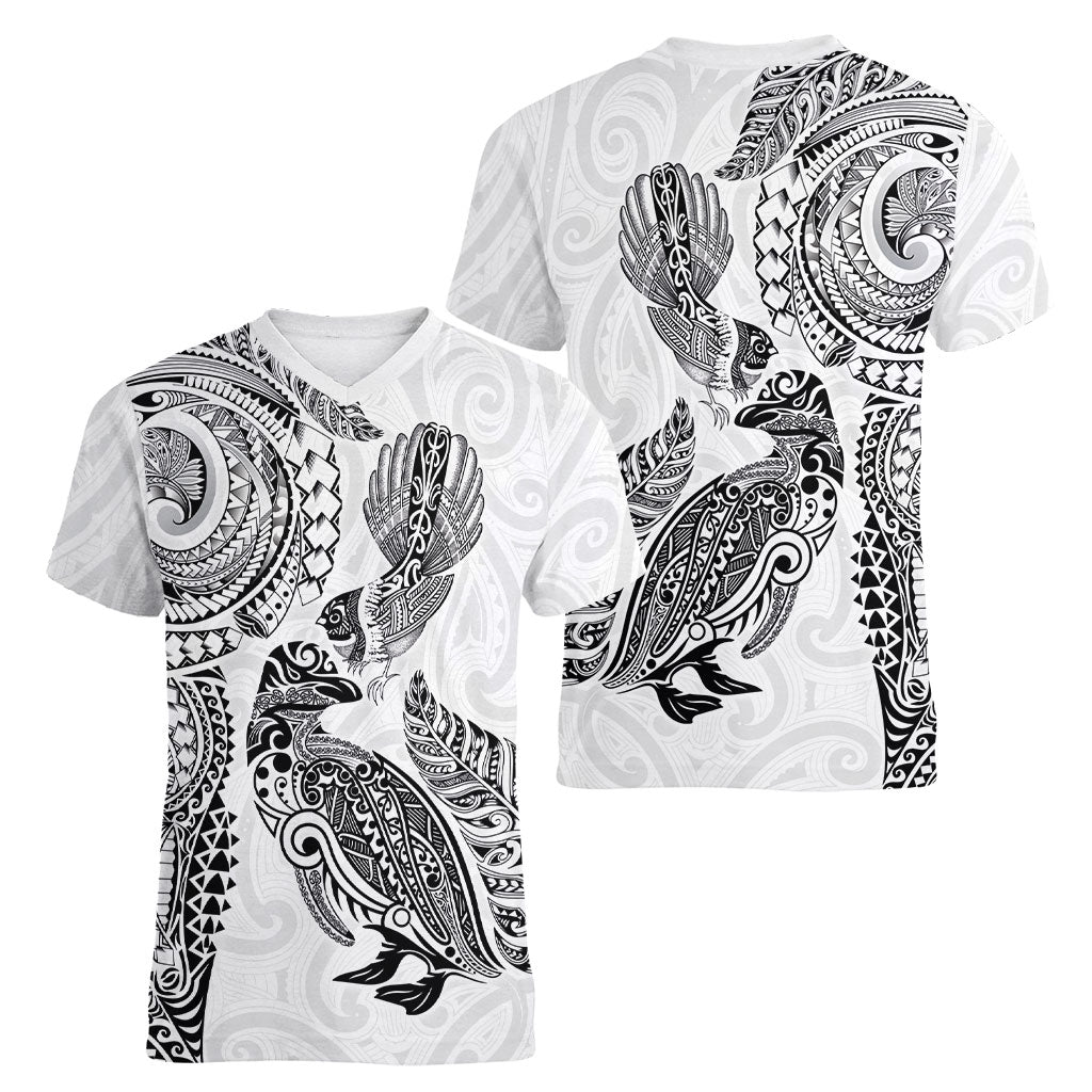 Aotearoa Moko Tribal Tattoo Women V-Neck T-Shirt New Zealand Maori Penguin and Fantail White Color LT03 - Polynesian Pride
