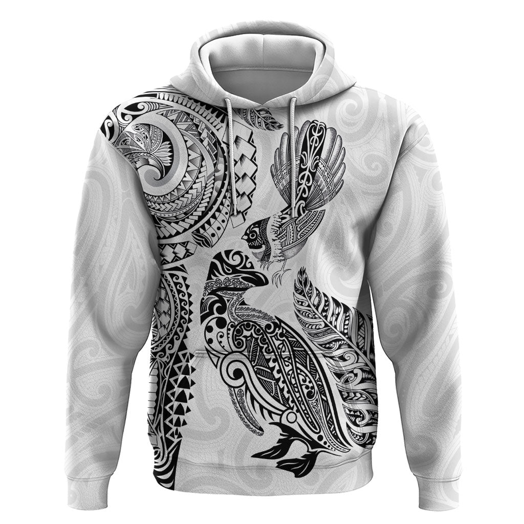 Aotearoa Moko Tribal Tattoo Zip Hoodie New Zealand Maori Penguin and Fantail White Color LT03 Pullover Hoodie White - Polynesian Pride
