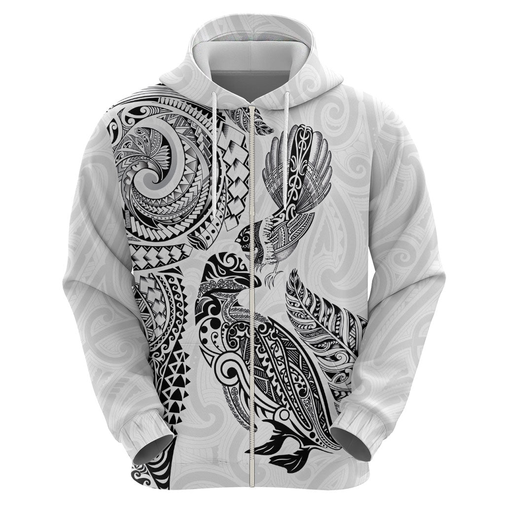 Aotearoa Moko Tribal Tattoo Zip Hoodie New Zealand Maori Penguin and Fantail White Color LT03 - Polynesian Pride