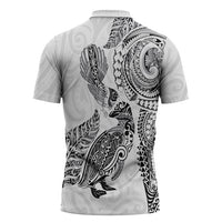 Aotearoa Moko Tribal Tattoo Zipper Polo Shirt New Zealand Maori Penguin and Fantail White Color LT03 - Polynesian Pride