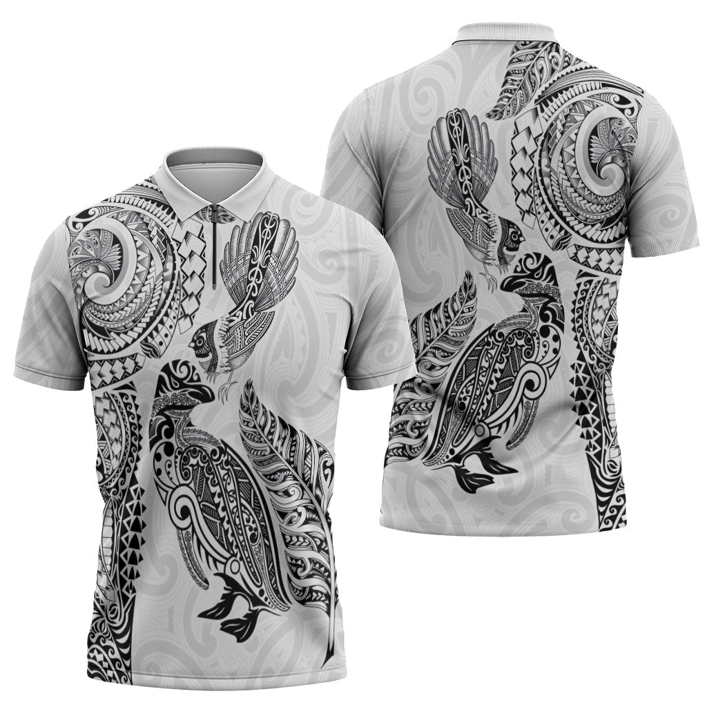 Aotearoa Moko Tribal Tattoo Zipper Polo Shirt New Zealand Maori Penguin and Fantail White Color LT03 - Polynesian Pride
