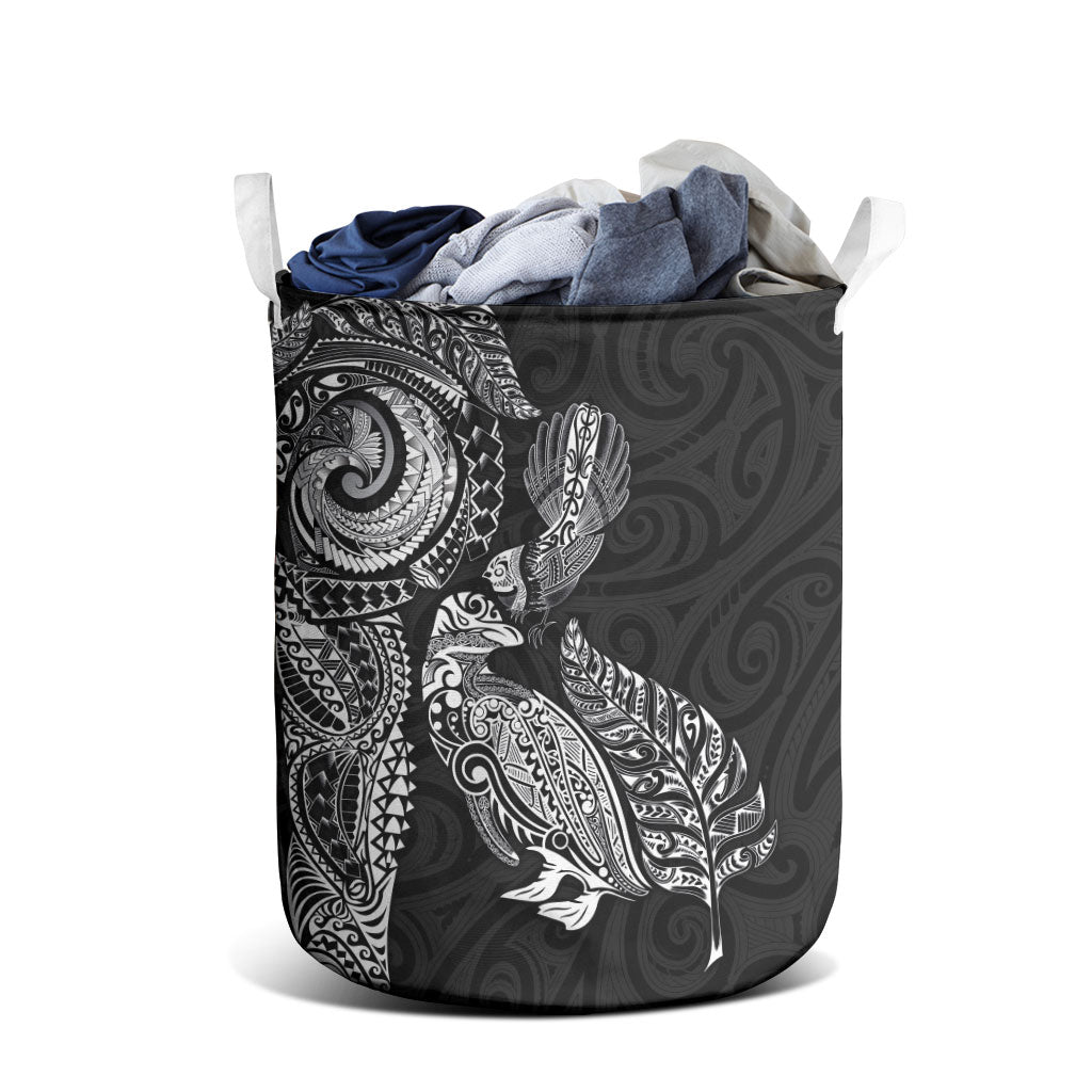 Aotearoa Moko Tribal Tattoo Laundry Basket New Zealand Maori Penguin and Fantail Black Color LT03 - Polynesian Pride
