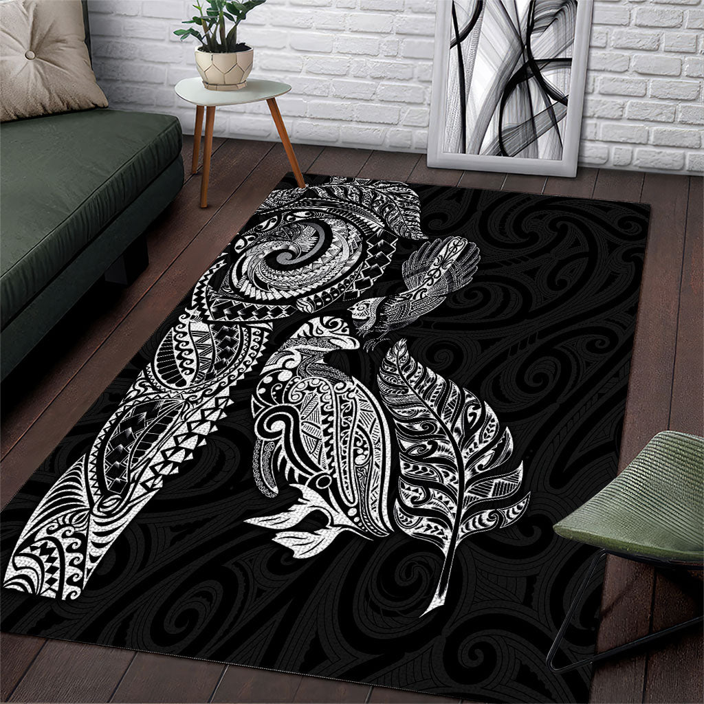 Aotearoa Moko Tribal Tattoo Area Rug New Zealand Maori Penguin and Fantail Black Color