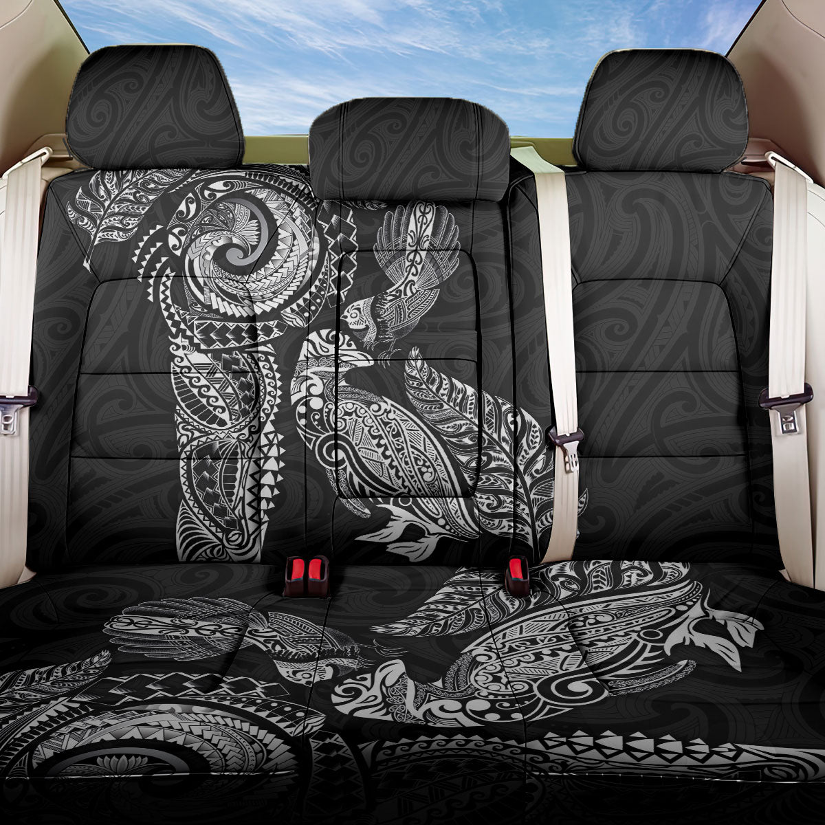 Aotearoa Moko Tribal Tattoo Back Car Seat Cover New Zealand Maori Penguin and Fantail Black Color