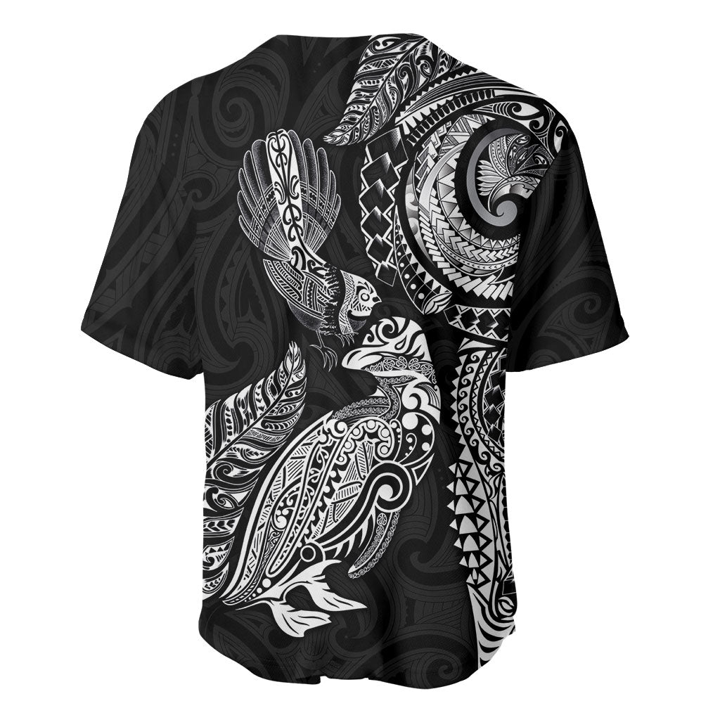 Aotearoa Moko Tribal Tattoo Baseball Jersey New Zealand Maori Penguin and Fantail Black Color LT03 - Polynesian Pride