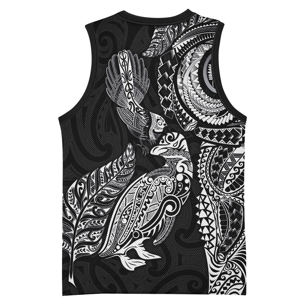 Aotearoa Moko Tribal Tattoo Basketball Jersey New Zealand Maori Penguin and Fantail Black Color LT03 - Polynesian Pride