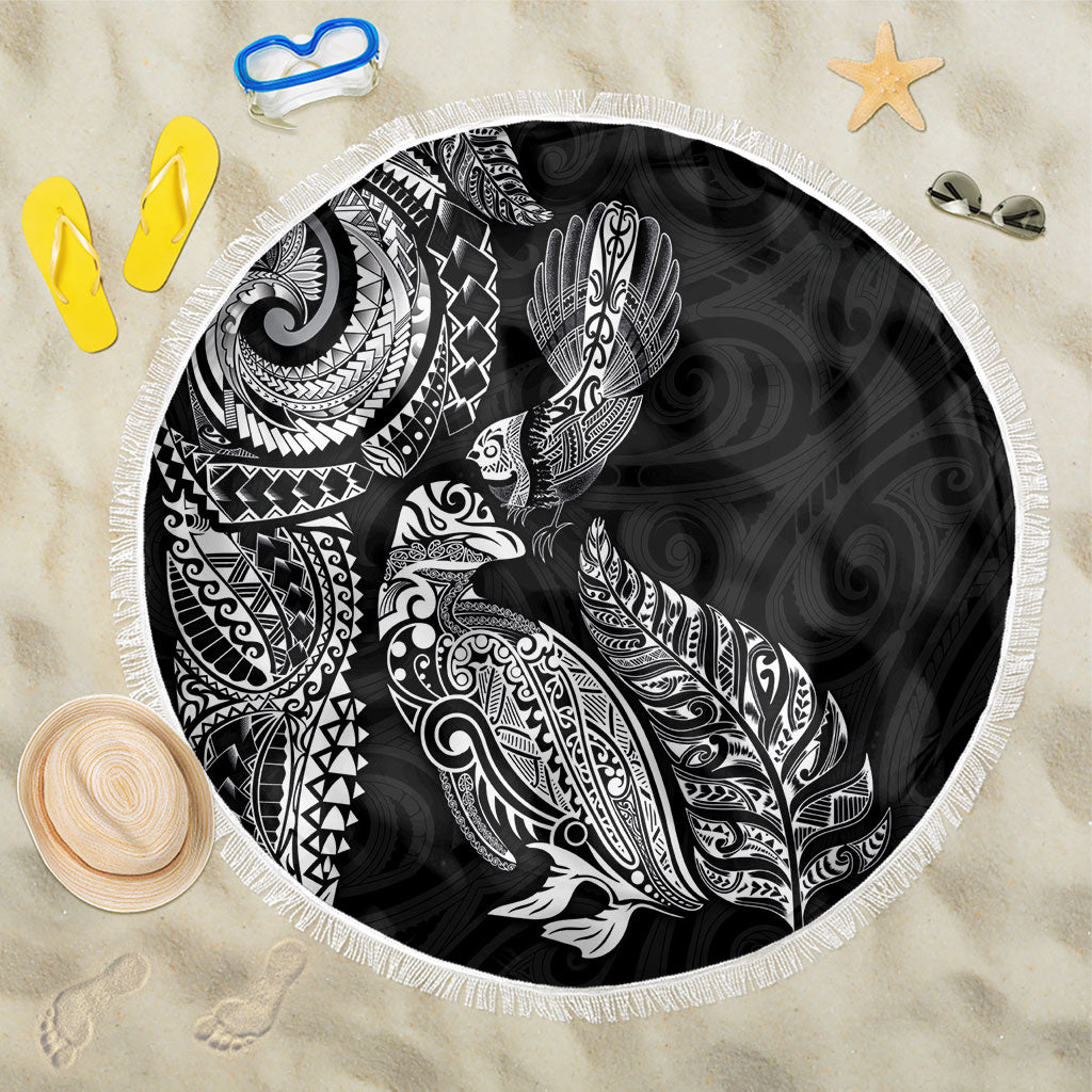 Aotearoa Moko Tribal Tattoo Beach Blanket New Zealand Maori Penguin and Fantail Black Color LT03 One Size 150cm Black - Polynesian Pride