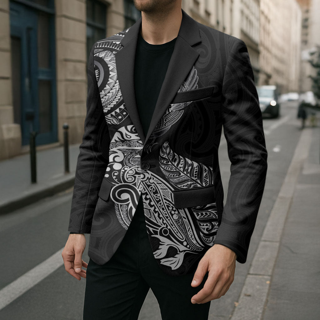 Aotearoa Moko Tribal Tattoo Blazer New Zealand Maori Penguin and Fantail Black Color LT03 - Polynesian Pride