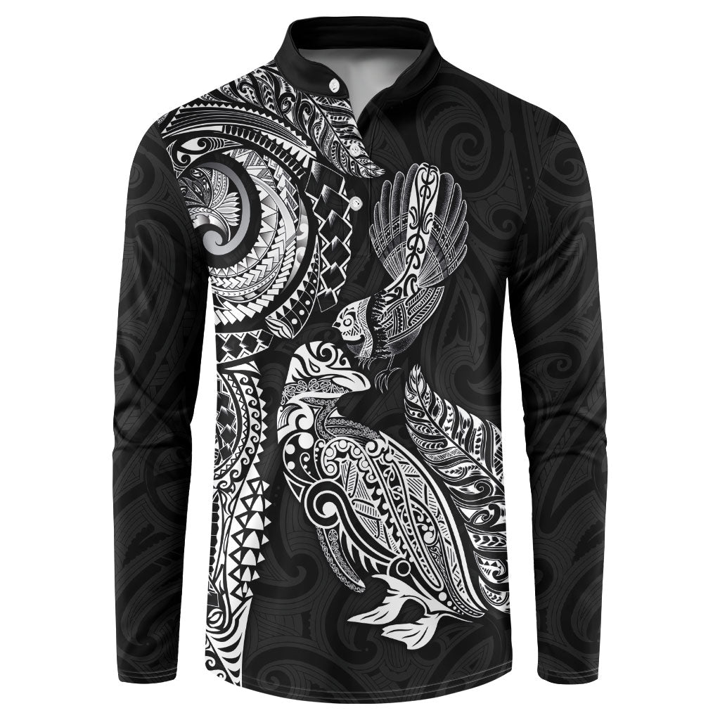 Aotearoa Moko Tribal Tattoo Button Sweatshirt New Zealand Maori Penguin and Fantail Black Color LT03 Black - Polynesian Pride