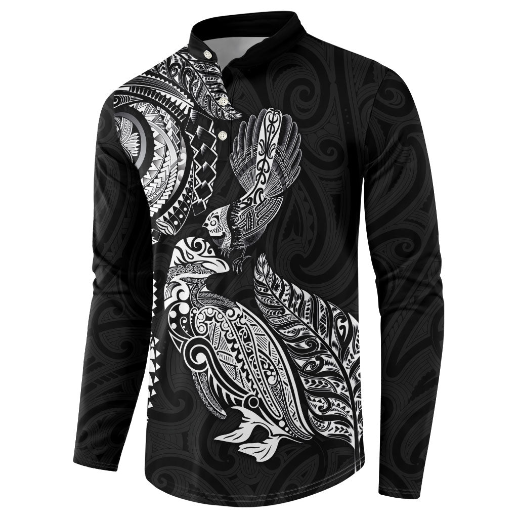 Aotearoa Moko Tribal Tattoo Button Sweatshirt New Zealand Maori Penguin and Fantail Black Color LT03 - Polynesian Pride