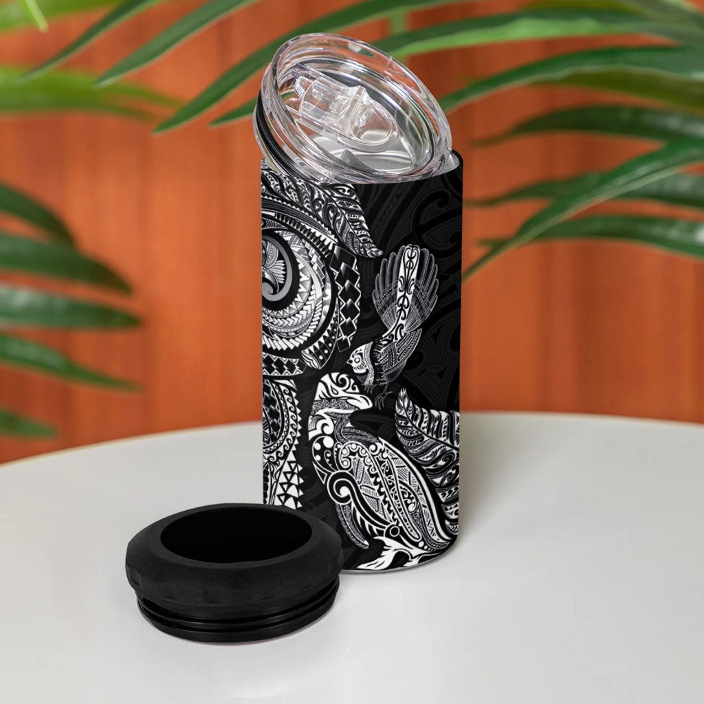 Aotearoa Moko Tribal Tattoo 4 in 1 Can Cooler Tumbler New Zealand Maori Penguin and Fantail Black Color LT03 - Polynesian Pride