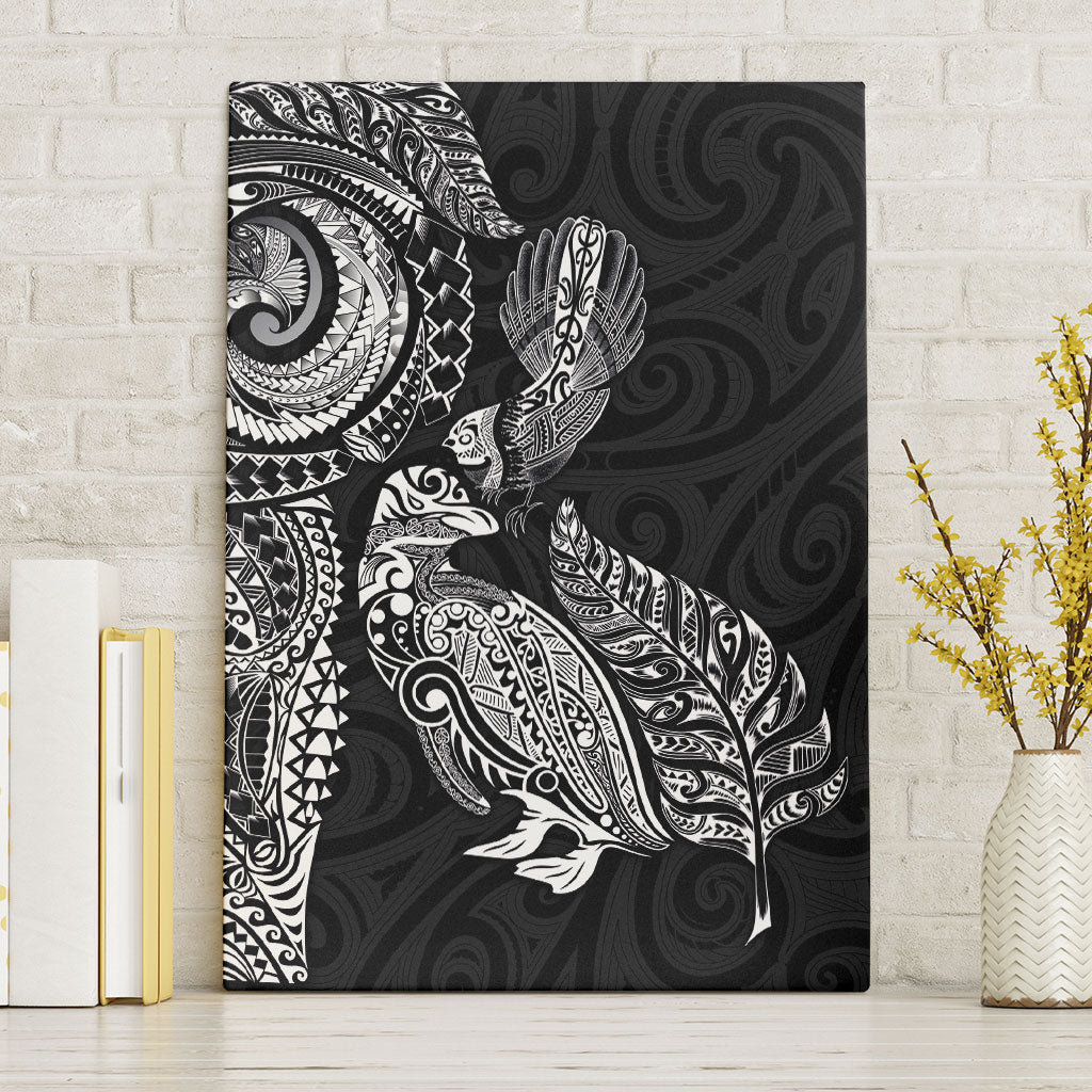 Aotearoa Moko Tribal Tattoo Canvas Wall Art New Zealand Maori Penguin and Fantail Black Color LT03 Without Frame Black - Polynesian Pride