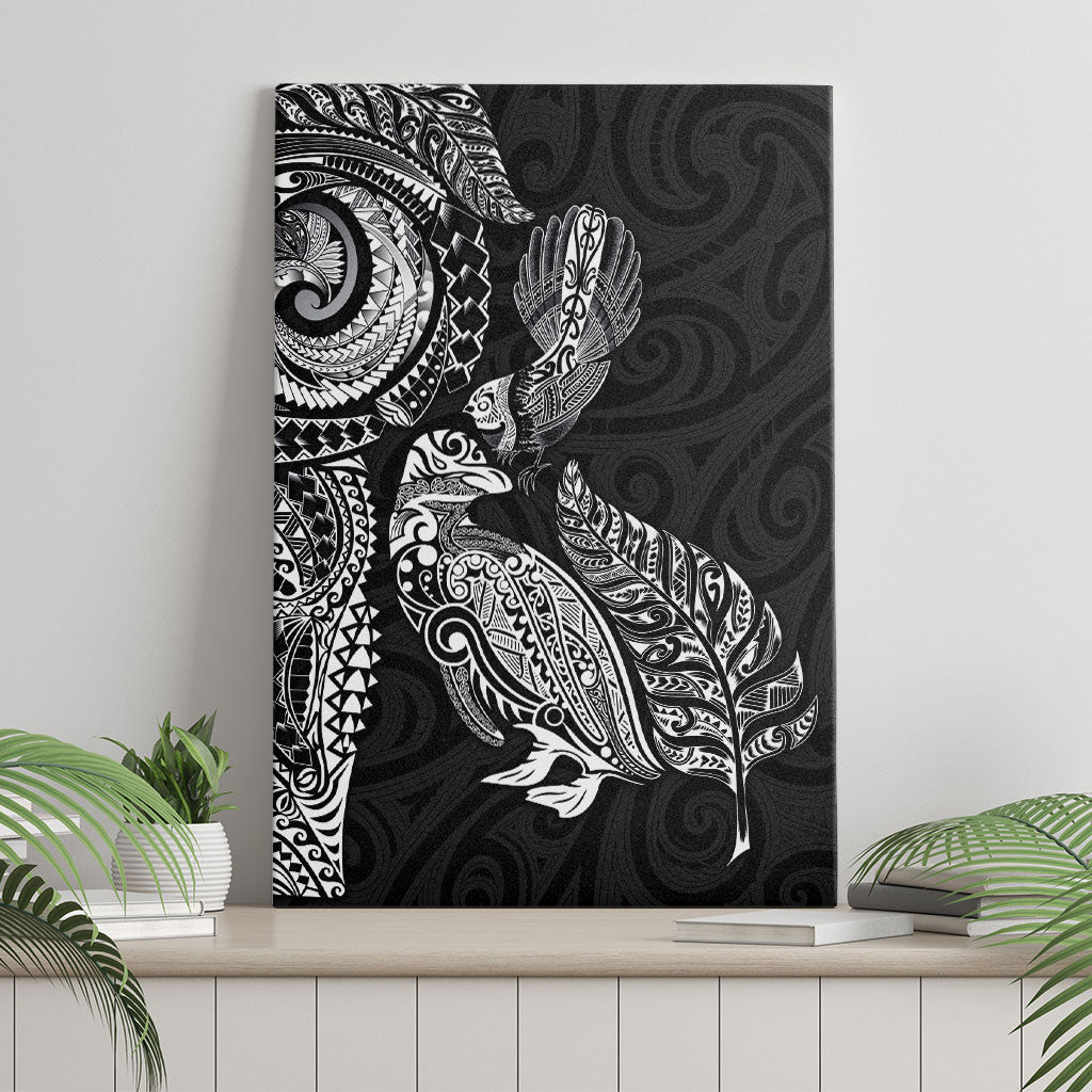 Aotearoa Moko Tribal Tattoo Canvas Wall Art New Zealand Maori Penguin and Fantail Black Color LT03 - Polynesian Pride