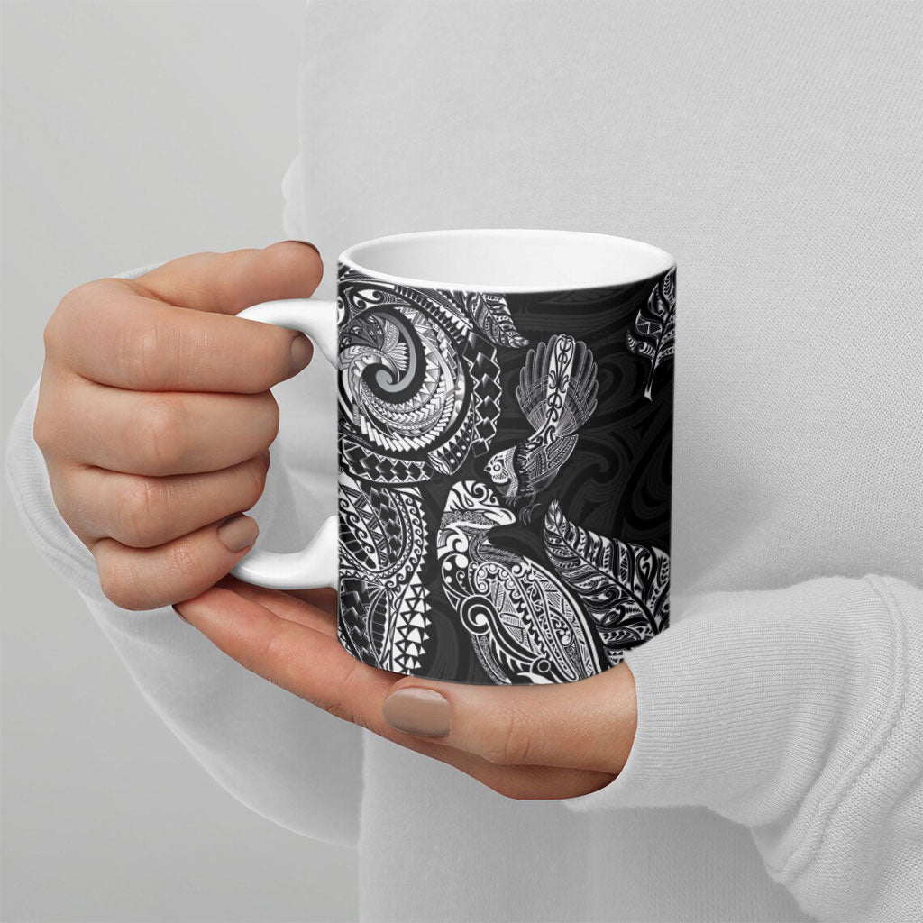 Aotearoa Moko Tribal Tattoo Ceramic Mug New Zealand Maori Penguin and Fantail Black Color LT03 - Polynesian Pride