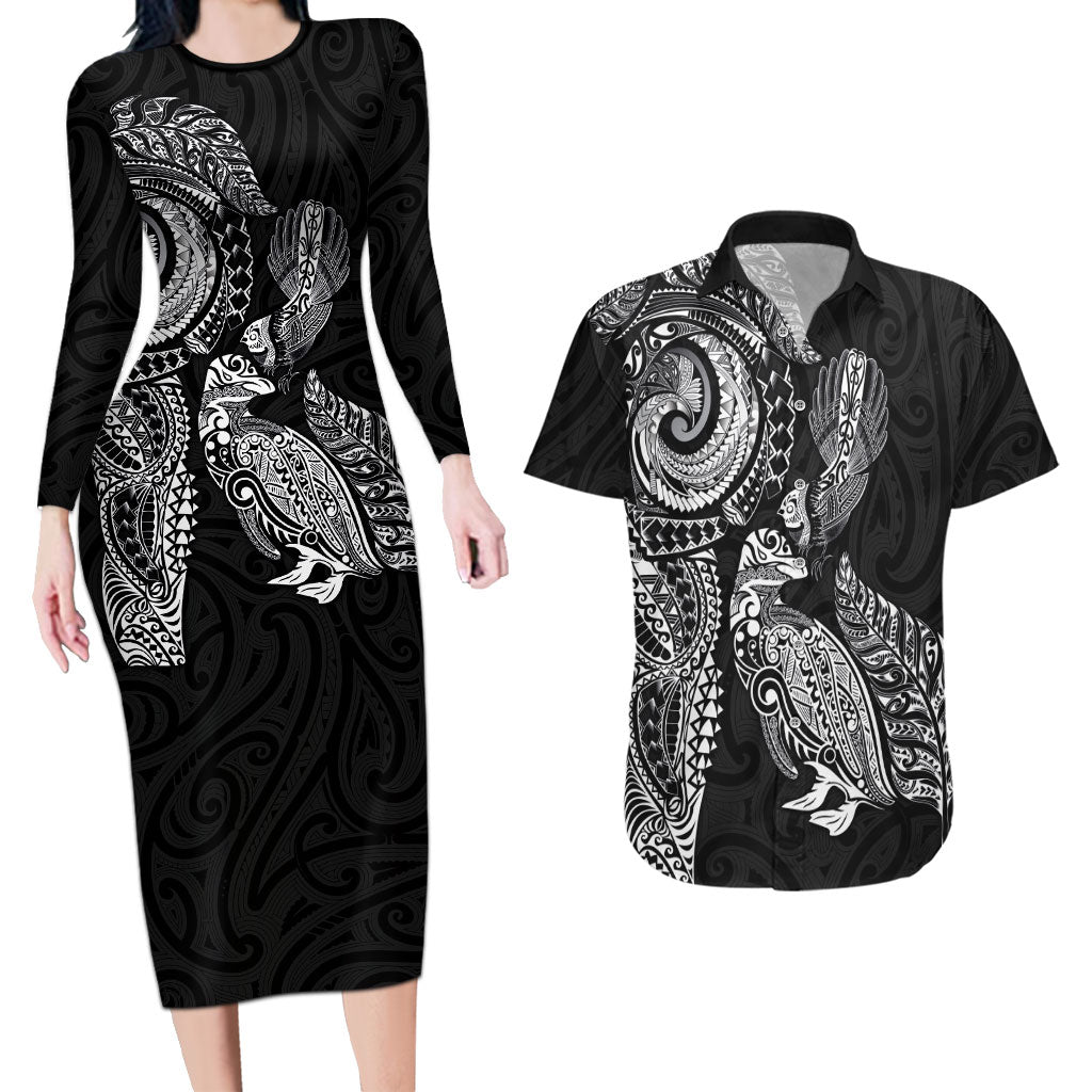 Aotearoa Moko Tribal Tattoo Couples Matching Long Sleeve Bodycon Dress and Hawaiian Shirt New Zealand Maori Penguin and Fantail Black Color LT03 Black - Polynesian Pride