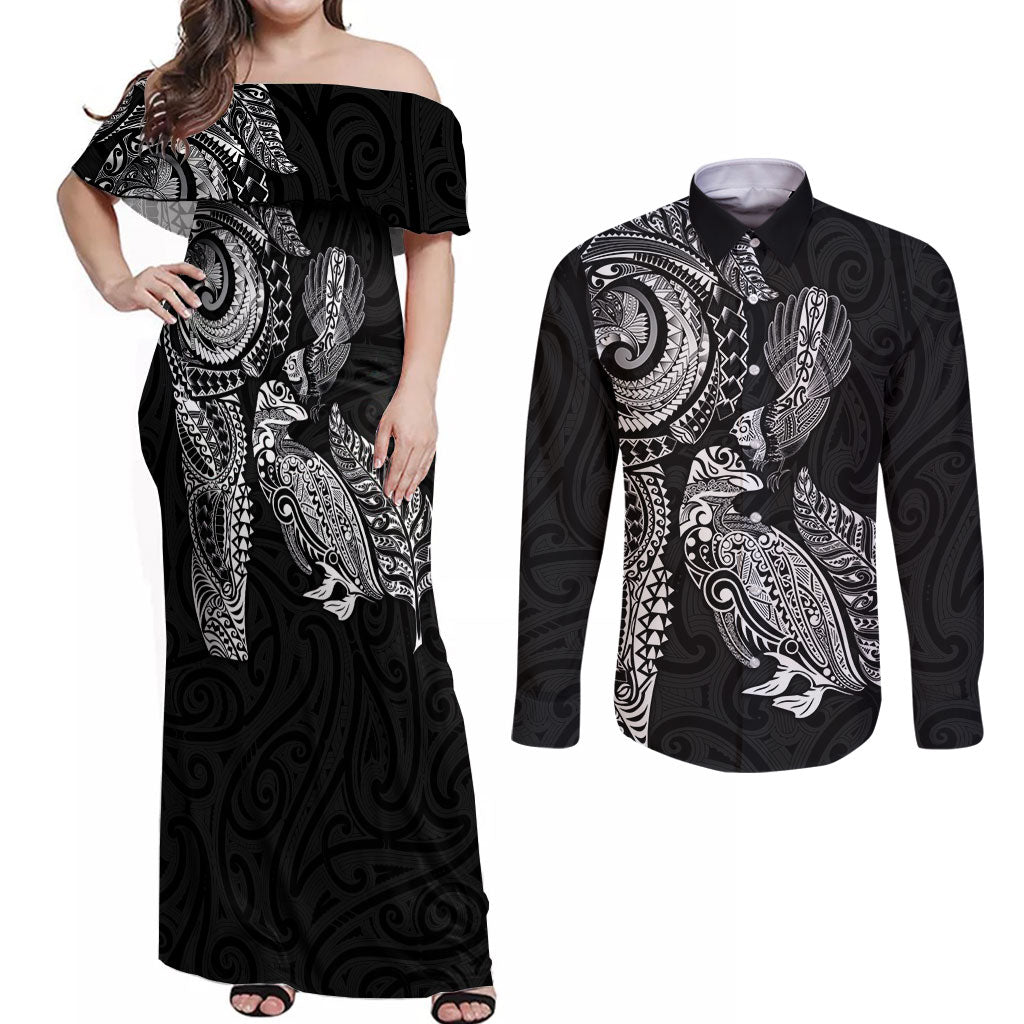Aotearoa Moko Tribal Tattoo Couples Matching Off Shoulder Maxi Dress and Long Sleeve Button Shirt New Zealand Maori Penguin and Fantail Black Color
