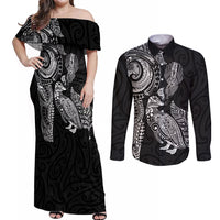 Aotearoa Moko Tribal Tattoo Couples Matching Off Shoulder Maxi Dress and Long Sleeve Button Shirt New Zealand Maori Penguin and Fantail Black Color LT03 Black - Polynesian Pride