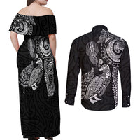 Aotearoa Moko Tribal Tattoo Couples Matching Off Shoulder Maxi Dress and Long Sleeve Button Shirt New Zealand Maori Penguin and Fantail Black Color LT03 - Polynesian Pride