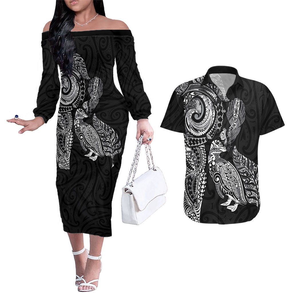 Aotearoa Moko Tribal Tattoo Couples Matching Off The Shoulder Long Sleeve Dress and Hawaiian Shirt New Zealand Maori Penguin and Fantail Black Color