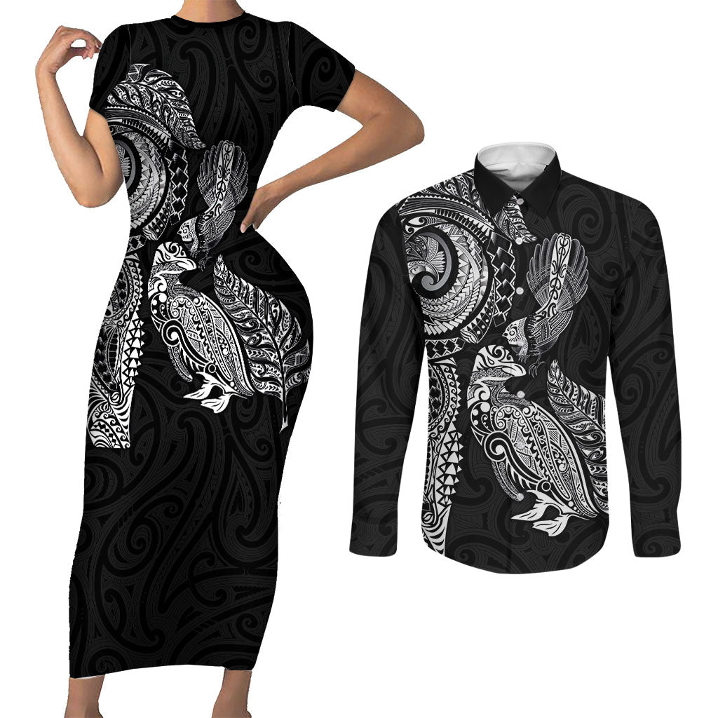 Aotearoa Moko Tribal Tattoo Couples Matching Short Sleeve Bodycon Dress and Long Sleeve Button Shirt New Zealand Maori Penguin and Fantail Black Color LT03 Black - Polynesian Pride