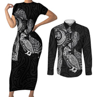 Aotearoa Moko Tribal Tattoo Couples Matching Short Sleeve Bodycon Dress and Long Sleeve Button Shirt New Zealand Maori Penguin and Fantail Black Color LT03 Black - Polynesian Pride