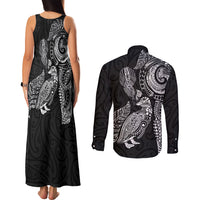 Aotearoa Moko Tribal Tattoo Couples Matching Tank Maxi Dress and Long Sleeve Button Shirt New Zealand Maori Penguin and Fantail Black Color LT03 - Polynesian Pride