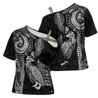 Aotearoa Moko Tribal Tattoo Cross Shoulder Shirt New Zealand Maori Penguin and Fantail Black Color LT03 - Polynesian Pride
